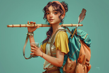 Camping-ready girl with a bag, holding a bamboo flute and a tumbler.