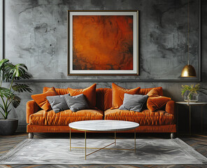 Modern living room with orange velvet sofa, white coffee table, and abstract painting.