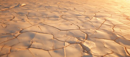 A closeup of cracked brown soil in the desert, resembling a natural art form. Twigs and wood scattered on the landscape, creating an aeolian landform - obrazy, fototapety, plakaty