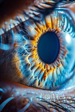a ultra close up photo of a human eye, blue in color, 