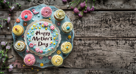 Mother's day cake and cupcake  on a wooden background
