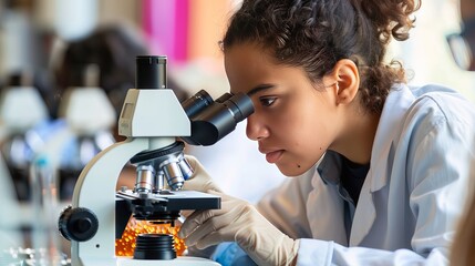 College students use a microscope in a science lab.
A focused student looks through a microscope in biology class.
A high school girl examines samples during a lecture. - Powered by Adobe