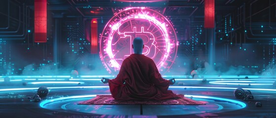 Bitcoin nirvana where cyborg monks meditate on digital currency surrounded by neon halos and heavenly circuits