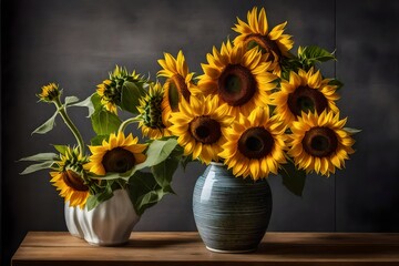 A snapshot of a bouquet of sunflowers in a contemporary ceramic vase, bringing warmth to a modern kitchen 