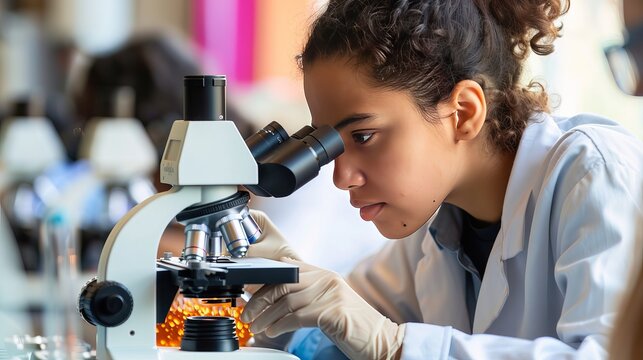 College students use a microscope in a science lab.
A focused student looks through a microscope in biology class.
A high school girl examines samples during a lecture.