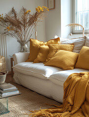 Cozy living room corner with a white sofa adorned with yellow cushions and a throw blanket, natural light streaming in.