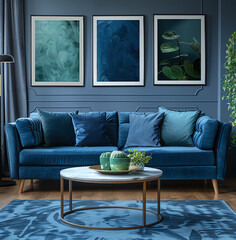 Modern living room interior with blue sofa, matching wall art, and round coffee table.
