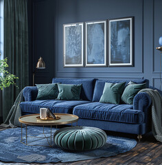 Elegant living room interior with a blue velvet sofa, round wooden coffee table, and abstract wall art in a dark color scheme.