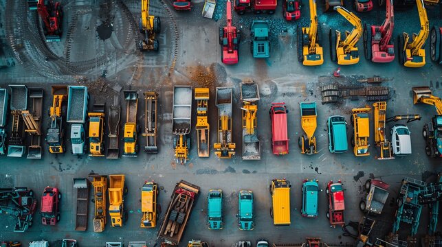 Construction site parking lot filled with various colorful industrial machinery, heavy equipment, and commercial vehicles for rent or sale, against the backdrop of a warehouse building.