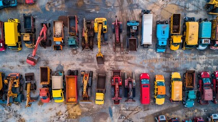 Construction site parking lot filled with various colorful industrial machinery, heavy equipment, and commercial vehicles for rent or sale, against the backdrop of a warehouse building.