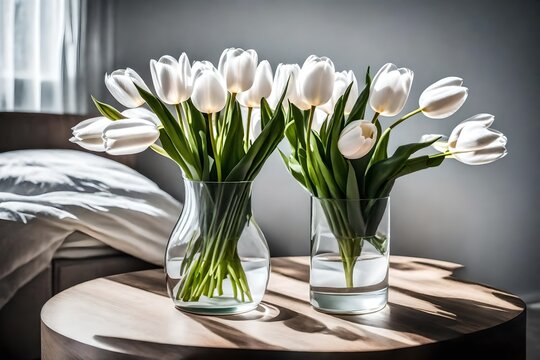 An image from above showing a white tulip-filled, minimalist glass vase that brings peace to a calm bedroom 