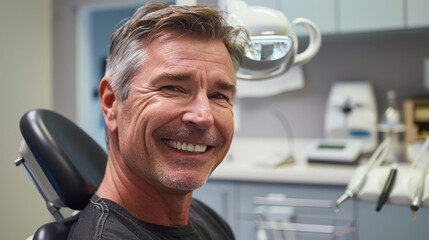 A smiling dentist in a lab coat poses in a dental clinic.