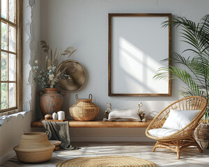 Cozy interior with wicker chair, wooden bench, decorative vases, and blank frame for mockup.