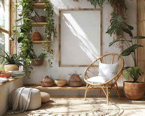 Cozy interior with wicker chair, plants, and blank frame for mockup in sunlight.