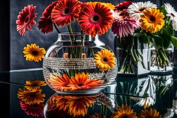 View from up close of a sleek glass dining table featuring a crystal vase packed with colorful gerbera daisies