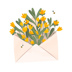 Yellow flowers. Bees. Envelope. Plants. Vector illustration of an envelope with flowers for Mother's Day. Greetings for the holiday