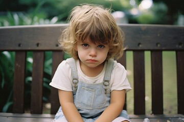 Sad toddler sitting on a bench looking at camera - 771668283