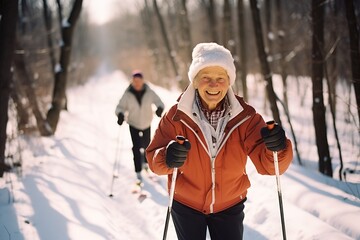 Active seniors cross country skiing - 771668290