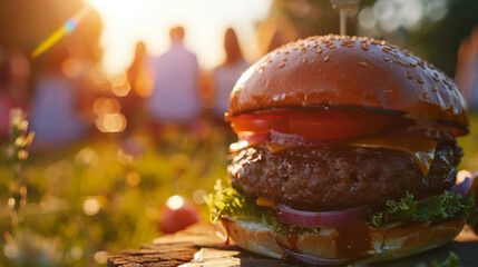 A cheeseburger with bacon and vegetables sits in the foreground at a picnic.