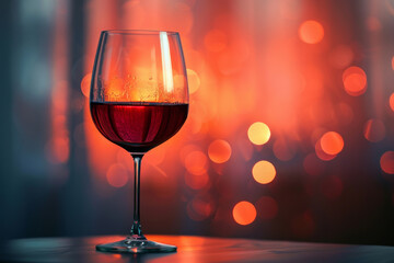 Red wine in a glass on the table in a bar or restaurant on a pink blurred background. Relaxation alone. Solo event - obrazy, fototapety, plakaty