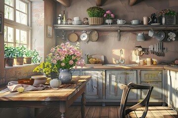 Fototapeta na wymiar Cozy farmhouse kitchen interior with rustic wooden table and fresh flowers, digital painting