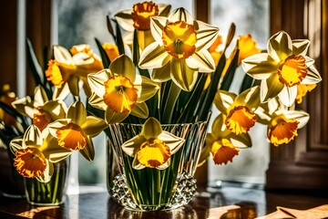 An incredibly detailed macro photo of a daffodil bunch in a crystal vase on a windowsill in the sun 