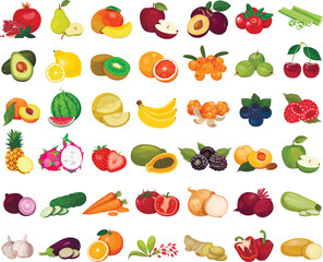 Set of berries and fruits, vegetables on a white background. Vector icon	
