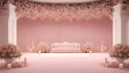 Elegant Pink Wedding backdrop, The room is decorated with pink couch, flowers and candles