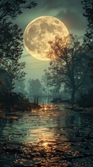 Enchanting Full Moon Over Tranquil River in a Mystical Forest Landscape