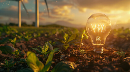 A light bulb with a bright filament is planted in the soil beside a young plant, with wind turbines in the background against a sunset or sunrise. - obrazy, fototapety, plakaty
