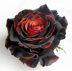 black and red rose, enlightened from inside, dark rose with orange highlights, white background