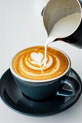 top view of a dark blue cup with a saucer and coffee with milk poured into it, white background