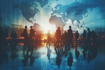 Concept of worldwide business, people silhouettes on global map background, international trade and commerce illustrationConcept of worldwide business, people silhouettes on global map background, int - obrazy, fototapety, plakaty