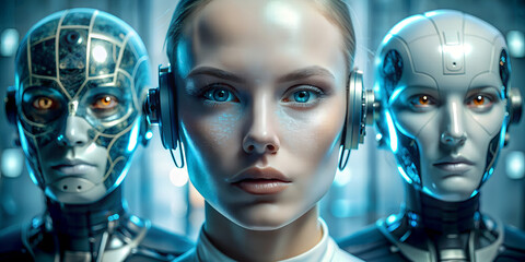 Girl with robots in blue colour digital technology artificial intelligence - obrazy, fototapety, plakaty