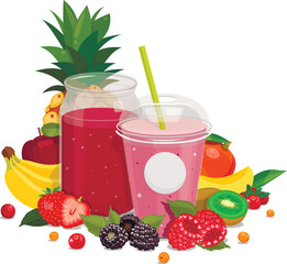 Plastic cups with smoothies, fruits and vegetables. Vector composition