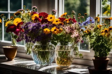 An image of a rustic mason jar vase filled with a mixed flower bouquet resting on a sunny farmhouse windowsill  - obrazy, fototapety, plakaty