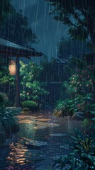 Anime-style illustration of a garden path with lush foliage on a dark rainy day