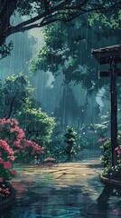 Anime-style illustration of a garden path with lush foliage on a dark rainy day - obrazy, fototapety, plakaty