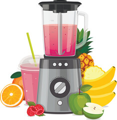 Blender mixer, with fruit, berries, vegetables. Smoothies and juice. Vector	
