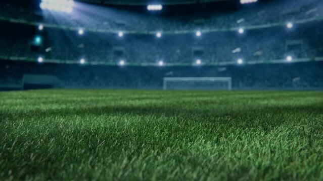 Soccer player performs outstanding play during a soccer game on a professional outdoor soccer stadium. Player wears unbranded uniform. 3D animation. 4K, stadium lights in the night