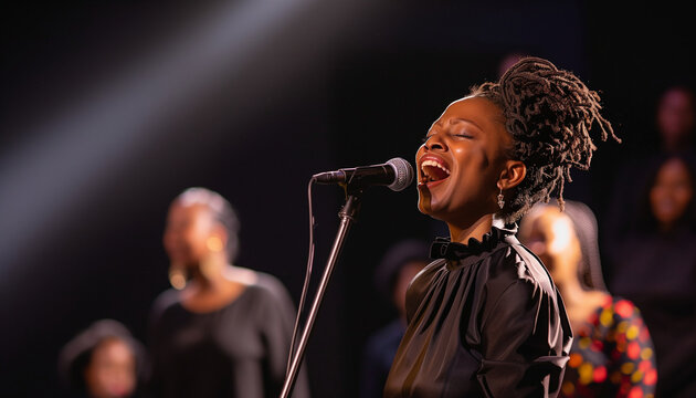 Dramatic image of female black gospel singer with gospel choir behind her - ray of sunlight - copy space