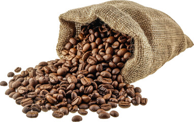 Roasted coffee beans in burlap sack cut out on transparent background