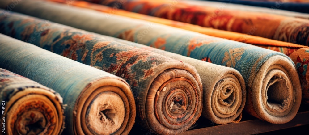 Poster multiple rolls of carpet, made from natural material, are neatly stacked on a wooden shelf in a room