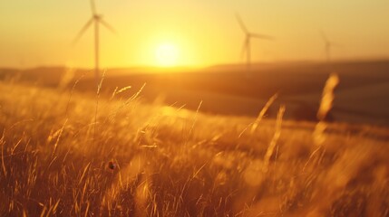 The silhouette of wind turbines against the background of the setting sun with a red-orange sunset in a meadow with tall grass, renewable energy. Rural landscape with natural electricity production - obrazy, fototapety, plakaty