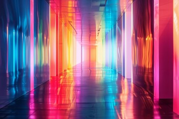 Colorful lights glowing in bright futuristic hallway, abstract sci-fi corridor background, digital art