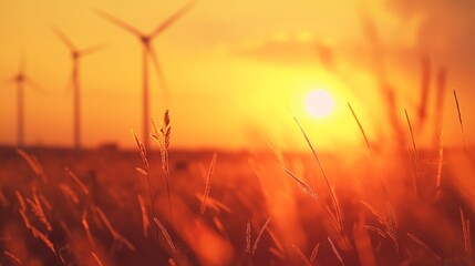 The silhouette of wind turbines against the background of the setting sun with a red-orange sunset in a meadow with tall grass, renewable energy. Rural landscape with natural electricity production