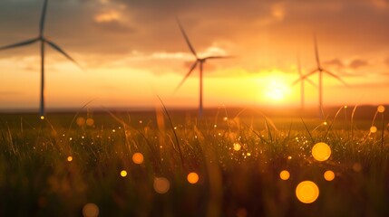 The silhouette of wind turbines against the background of the setting sun with a red-orange sunset in a meadow with tall grass, renewable energy. Rural landscape with natural electricity production - obrazy, fototapety, plakaty