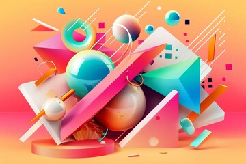 Colorful geometric 3D shapes composition with various abstract elements, trendy modern design