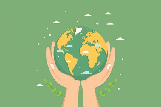 Hands holding the planet Earth on a green background symbolize the protection and care of the environment, an illustration for Earth Day