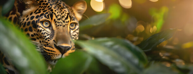 A majestic leopard camouflaged in the lush green foliage, eyes alert. The feline predator's spots...